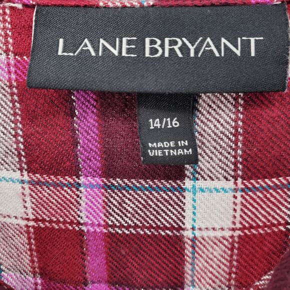 Lane Bryant Purple Pink Rayon Flannel Plaid Lace‎ Up Collar Top 14/16 Pre-Owned - Picture 2 of 7